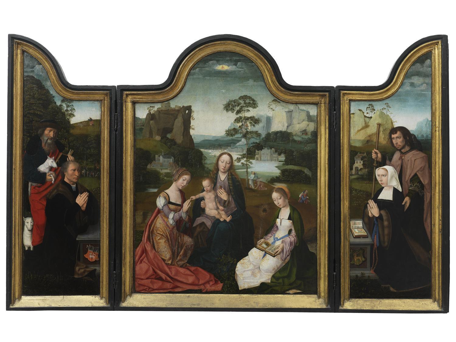 油画-比利时格罗宁格博物馆-Meester van het Heilig Bloed-The virgin and Child with Saint Catherine and Saint Barbara-242